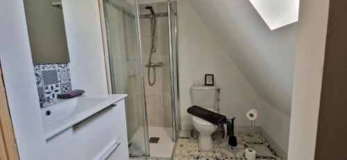 Modern bathroom in Gîte Cocoon cottage with walk-in shower, white vanity, toilet, and skylight at Domaine de la Grande