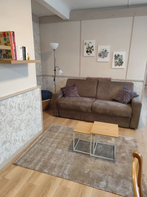 Salon confortable de l'appartement Accolade à Châteaudun avec canapé marron, table en bois et œuvres d'art végétal