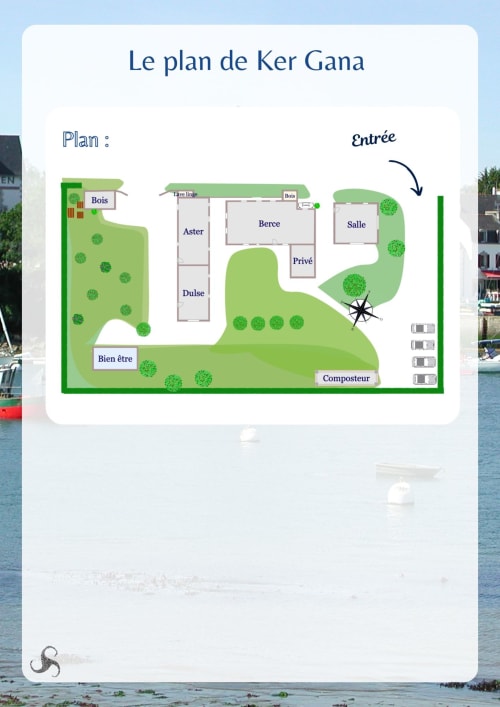 Plan du gîte Ker Gana à Plourin avec espaces de restauration, zone bien-être et jardins aménagés, entrée signalée
