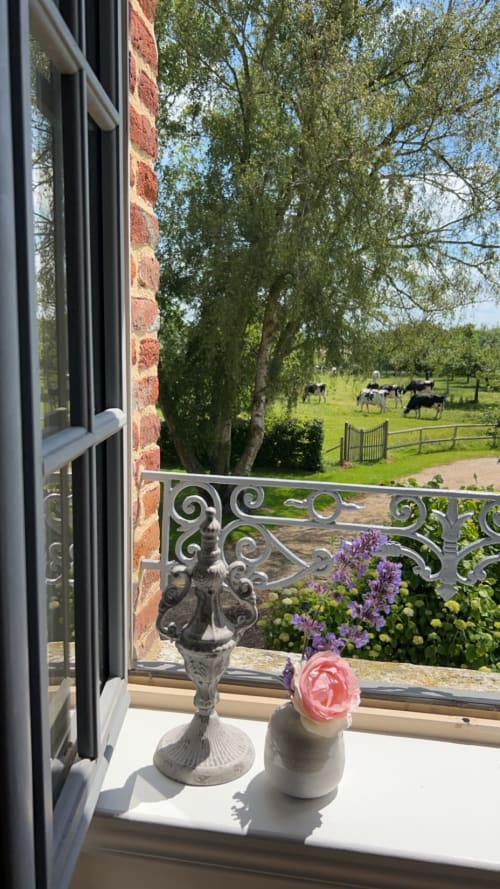 Vue depuis la fenêtre de la chambre Aurore-Lin sur le parc paysagé floral du Clos Mahiel. On aperçoit l'authentique paysage de la Normandie à sa fenêtre. 
Les plages de la côte d'Albâtre et de la côte fleurie non loin. Programmer la visite d'Etretat, de Honfleur, Veules-les-roses.