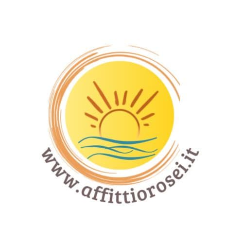 Logo Affitti Orosei con sole e onde marine in design circolare