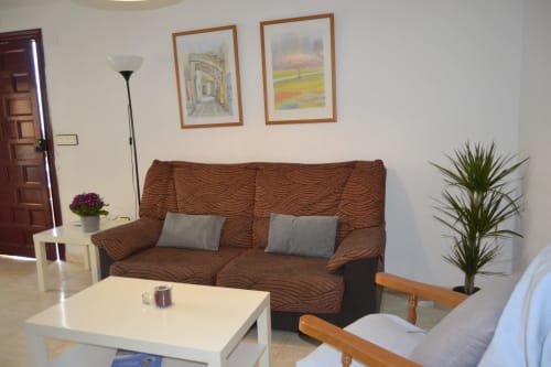 Séjour des Apartamentos Taravilla à Puerto de Mazarrón avec canapé à motifs marron, table basse blanche et œuvres encadrées