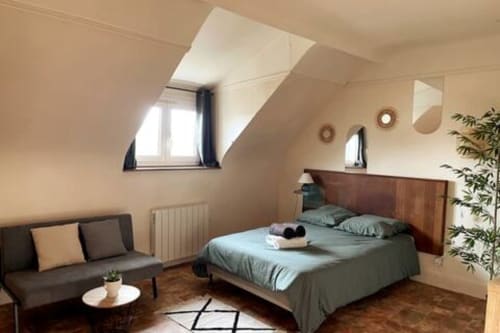 Chambre élégante de l'appartement Accolade à Châteaudun avec puits de lumière, lit, canapé et vue sur la ville