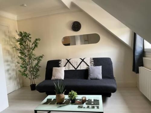 Appartement Accolade moderne à Châteaudun avec canapé noir, plantes en pot et vue sur la ville depuis la chambre mansardée