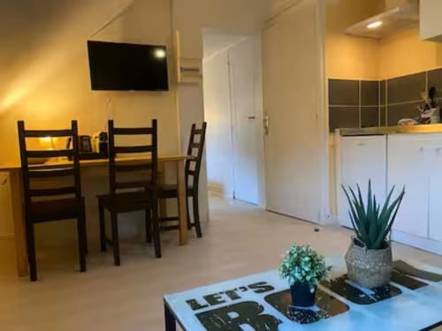 Appartement Accolade à Châteaudun avec coin repas, murs jaunes, télévision écran plat, cuisine et plantes en pot
