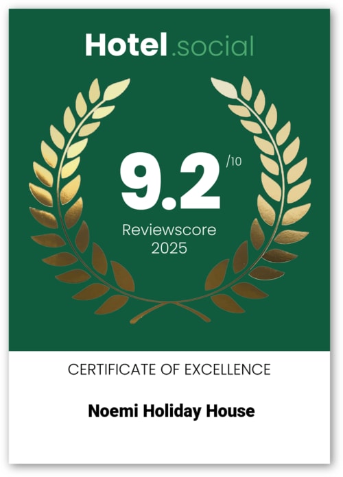 Certificato Hotel.social Excellence 9.2/10 per Noemi Holiday House ad Agnone Bagni