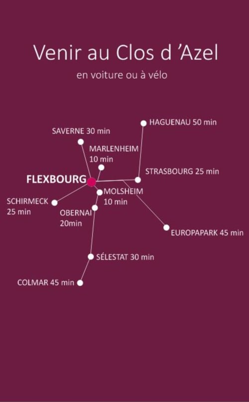 Carte de trajet indiquant les directions vers Le Clos d'Azel à Flexbourg, France. Itinéraires en voiture ou à vélo depuis les villes proches
