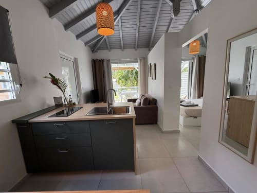 Cuisine et séjour modernes de Alpinia Bungalow à Domaine de la Glacière, Petit-Bourg avec vue sur piscine