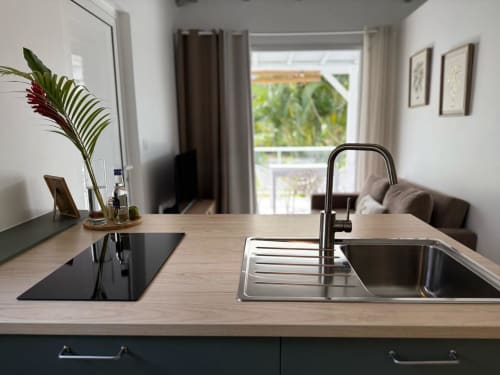 Cuisine moderne du bungalow Alpinia au Domaine de la Glacière à Petit-Bourg, avec évier en acier inoxydable et vue sur la piscine