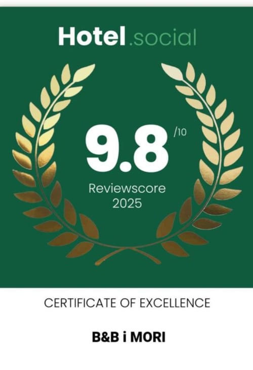 Hotel.social Certificate of Excellence 9.8/10 for B&B i MORI in Catania, 2025 award badge with gold laurel wreath