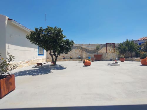Spacious courtyard at Casa do Pão in Campinho with white building, shade tree, and stone walls under clear blue sky