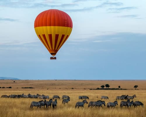 Globo aerostático sobre la sabana africana con cebras y acacias abajo