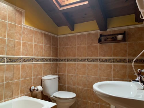 Baño rustico de Casa La Huerta en Cangas de Onis con baldosas de barro, accesorios modernos y claraboya