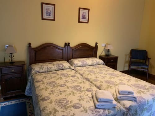 Dos camas individuales con ropa de cama floral en la casa rural Casa La Huerta en Cangas de Onís, con muebles de madera oscura y paredes amarillas