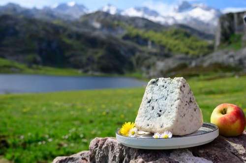Cuña de queso azul con manzana y flores silvestres frente al lago alpino cerca de Cangas de Onís