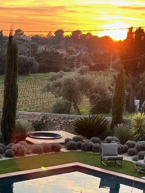 Saint Martin BnB sunset view with pool, gardens, and Ollioules countryside landscape