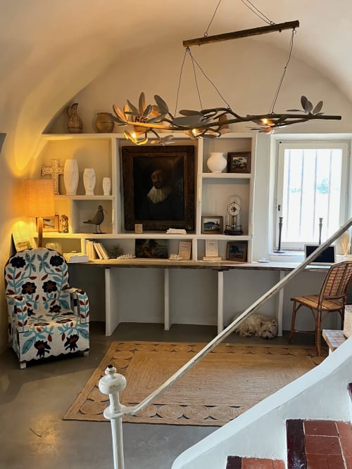 Élégant salon du gîte Saint Martin à Ollioules : étagères blanches, lustre en branches, fauteuil motif et ambiance chaleureuse