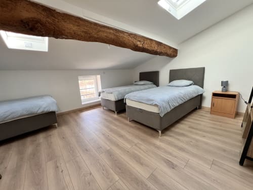 Chambre lumineuse sous combles du gîte Le Restaurant du Port à Saint Pierre de Boeuf avec trois lits et poutres apparentes