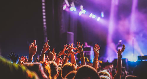 Crowd with raised hands at concert with purple stage lights, Rozzano area entertainment venue
