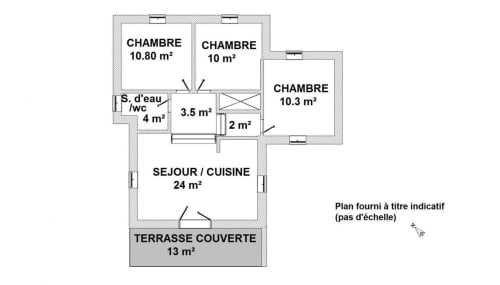 Plan de la chambre de l'hôtel Vista D'oro à Monacia d'Aullène : 3 chambres, cuisine, séjour et terrasse couverte