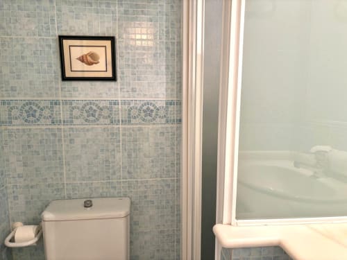 Baño con paredes de azulejos mosaico azul claro, decoración artística de conchas marinas, inodoro y ducha de cristal en Holibai