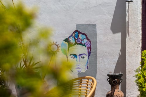 Fresque murale colorée à Casa Peregrinando, gîte à Navarrete, avec plantes vertes et décoration rustique au premier plan