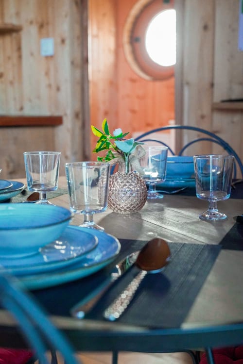 Elegant dining table with blue plates, glasses, and a potted flower centerpiece at Cabanes du Belvédère villa with rustic