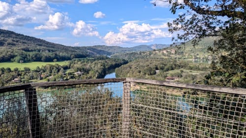 Scenic view from Cabane LA SAPINIERE terrace overlooking Ain River valley, Serrières-sur-Ain, France