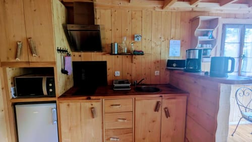 Wooden kitchenette in lodge with microwave, refrigerator, coffee maker, cooktop, and dining counter at Cabanes et lodges du