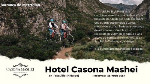 Tirolina y bicicleta... barrancas de Metztitlán... puedes realizar esta actividad desde el Hotel Casona Mashei en Tasquillo.