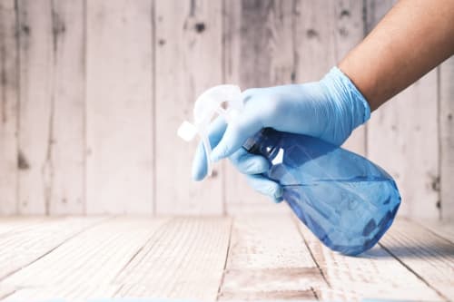 Hand in blue gloves spraying wooden surface at La Maison D'ambrine B&B in Chamaret, France