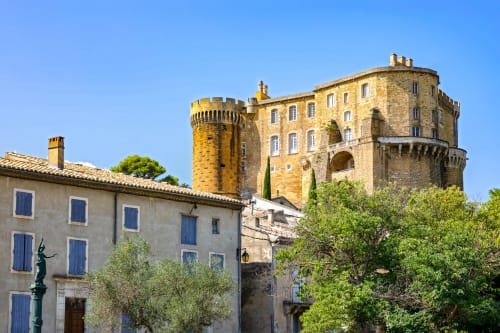 Medieval stone castle tower and countryside estate of La Maison D'ambrine bed and breakfast in Chamaret, France