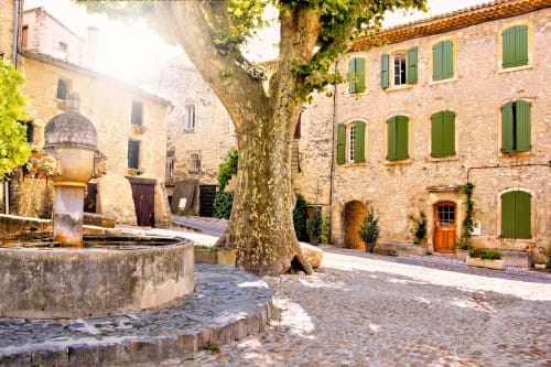 Charmante cour en pierre de La Maison D'ambrine à Chamaret, France, avec un arbre centenaire et volets verts