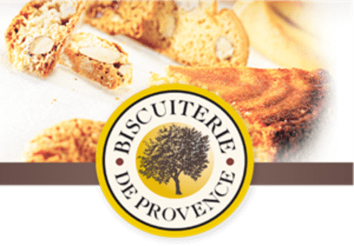 Biscuiterie de Provence logo with golden almond biscuits, La Maison D'ambrine breakfast offering