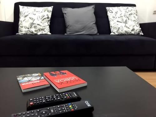 Sofa with pillows, remotes and books | Modern Comfort in the Bustling City Center