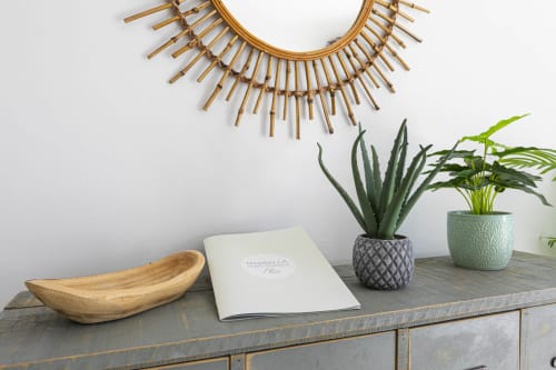 Coastal cottage décor: wooden bowl, plant pots, and woven mirror on grey dresser