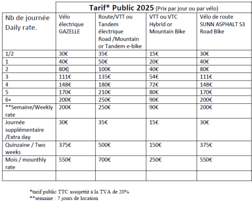 Tarif SUN E BIKE