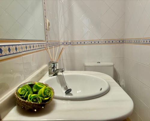 Lavamanos moderno con pileta blanca, flores verdes decorativas y azulejos azules ornamentales en la casita Casa Caeiro, Baiona