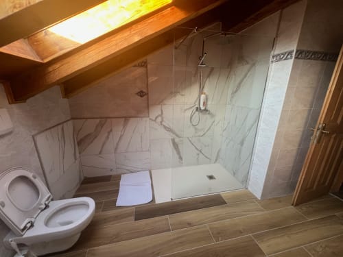 Dachbadezimmer im Appartamento Giustina in Gargazzone mit Marmorduschwanne, Toilette, Holzboden und Dachfenster