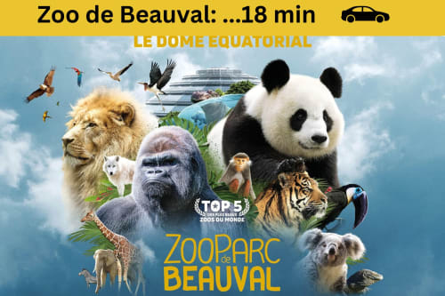 Zoo de Beauval promotional poster featuring wildlife and 18-minute travel time from Ilot Cosy and Spa in Luçay-le-Mâle