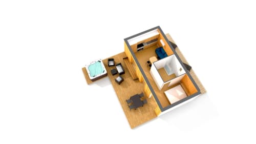 3D floor plan of a cozy hotel room at Ilot Cosy and Spa in Luçay-le-Mâle, featuring bed, bathroom, and living area