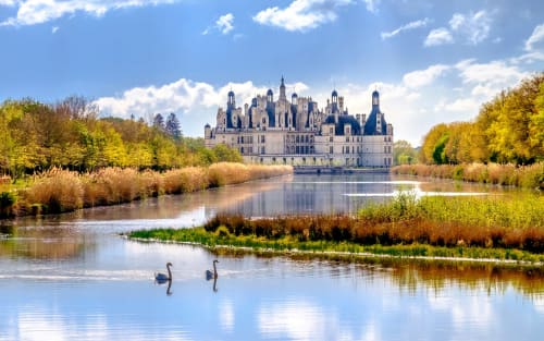 Château de Chambord reflected in river with geese, autumn trees, Luçay-le-Mâle France