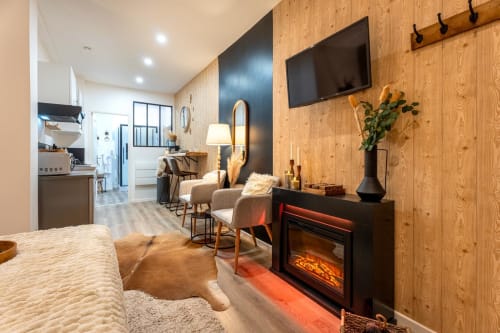 Modern apartment living area with wooden walls, fireplace, seating, and flat-screen TV at Wellkhome Bordeaux