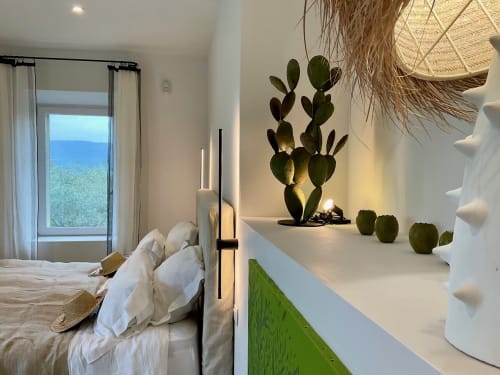 Modern bedroom with terrace view, prickly pear cacti on shelf, Gordes Provence B&B