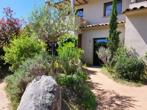 Gartenweg in der Villa Lantana Lecci mit mediterranen Pflanzen, Olivenbäumen und Steinakzenten zum Apartment
