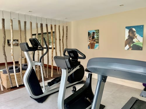 Salle de sport moderne à La Maison D'ambrine avec vélos d'exercice, éléments de cordes suspendues et photos de piscine à Chamaret