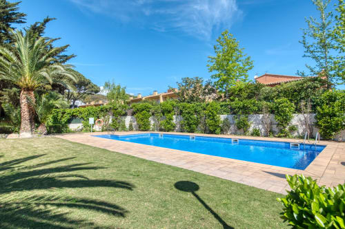 Rectangular blue swimming pool with lounge area, palm trees, and stone buildings at Finques Garcia Enrich, Palafrugell