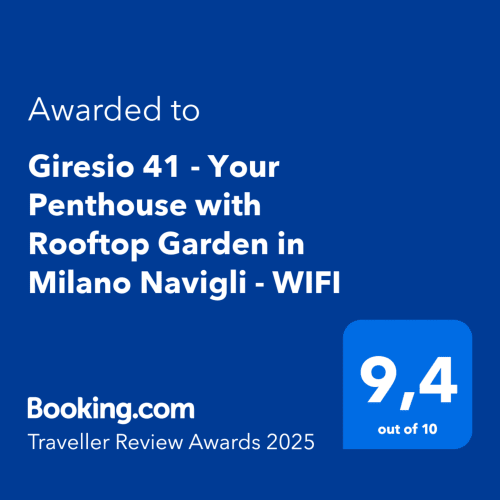 Badge di riconoscimento Booking.com per penthouse Giresio 41 con giardino sulla terrazza a Milano Navigli, valutazione 9.4/10