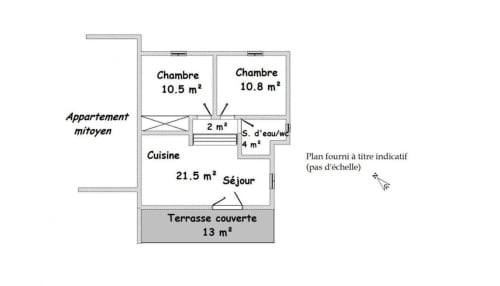 Plan de l'appartement catégorie intermédiaire à Vista D'oro à Monacia d'Aullène : deux chambres, cuisine et terrasse couverte
