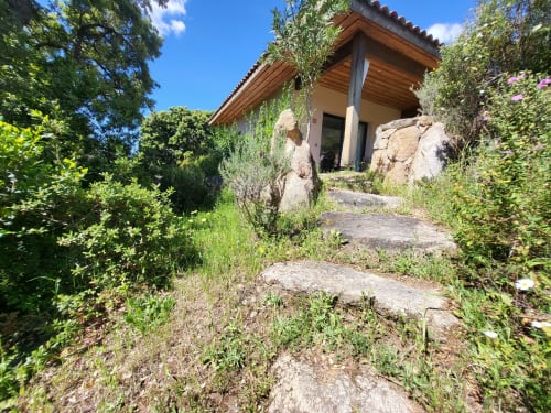 Stone pathway leading to modern villa at Villas Lantana in Lecci, surrounded by lush Mediterranean gardens